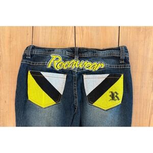 Y2K Rocawear Jeans Streetwear Dark Wash Denim Size‎ 5 Color Block Yellow Black